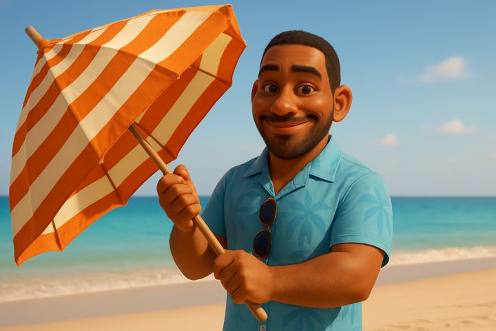Dad opens the umbrella